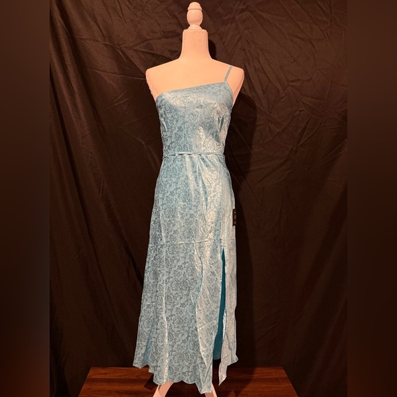 Lulus Medium, Forever Celebrating Blue Floral Jacquard One-Shoulder Midi Dress - Picture 4 of 6